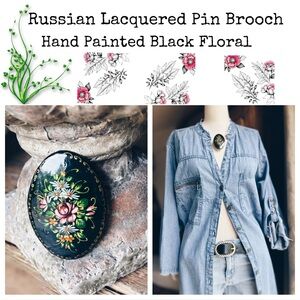 Brooch Hand Painted Russian Lacquered Floral